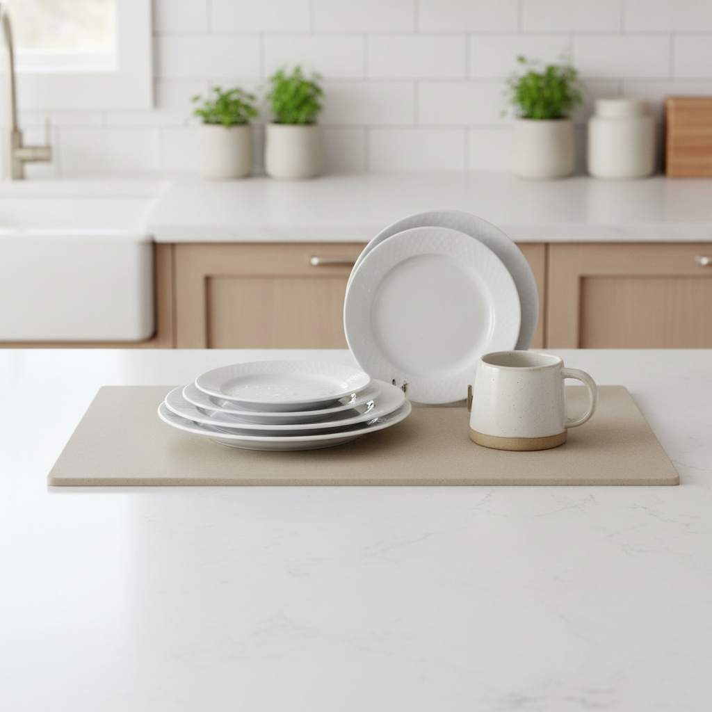 Tapis de séchage en diatomite sous de la vaisselle propre sur un plan de travail de cuisine