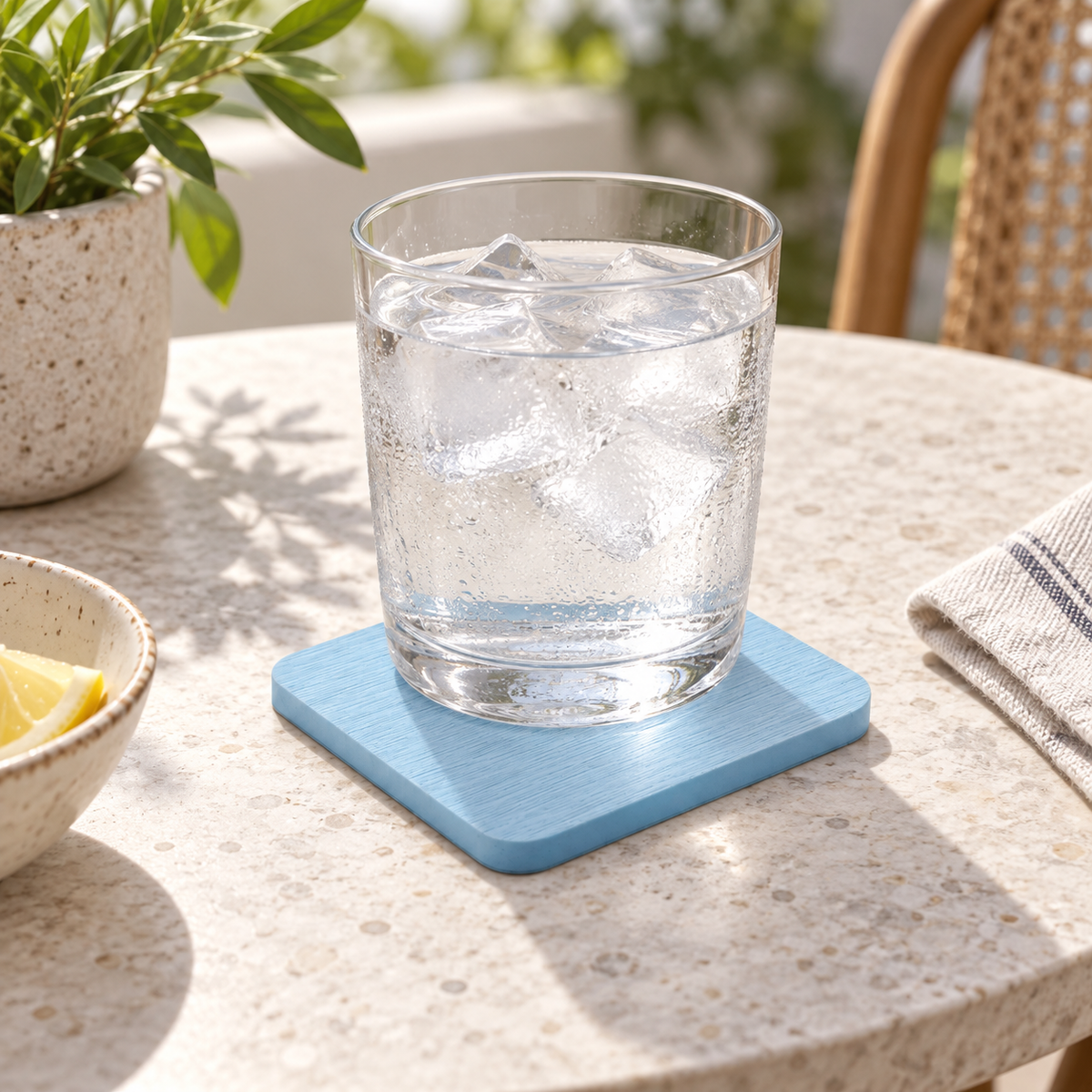 Dessous De Verre En Diatomite Bleue – Bleu ciel / 8x8cm, Bleu ciel / 10x10cm sur une table de salle à manger