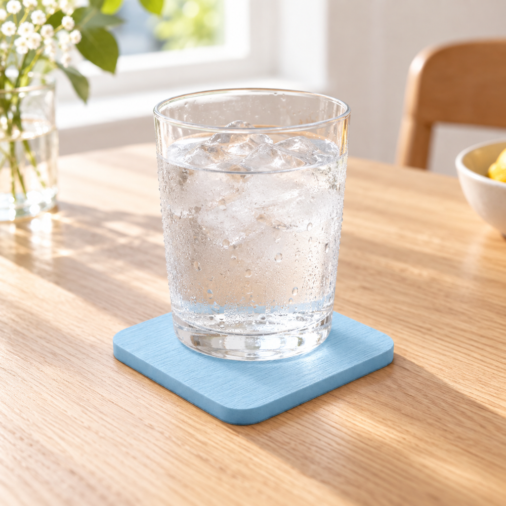 Dessous De Verre En Diatomite Bleue – Bleu ciel / 8x8cm, Bleu ciel / 10x10cm sur une table basse minimaliste
