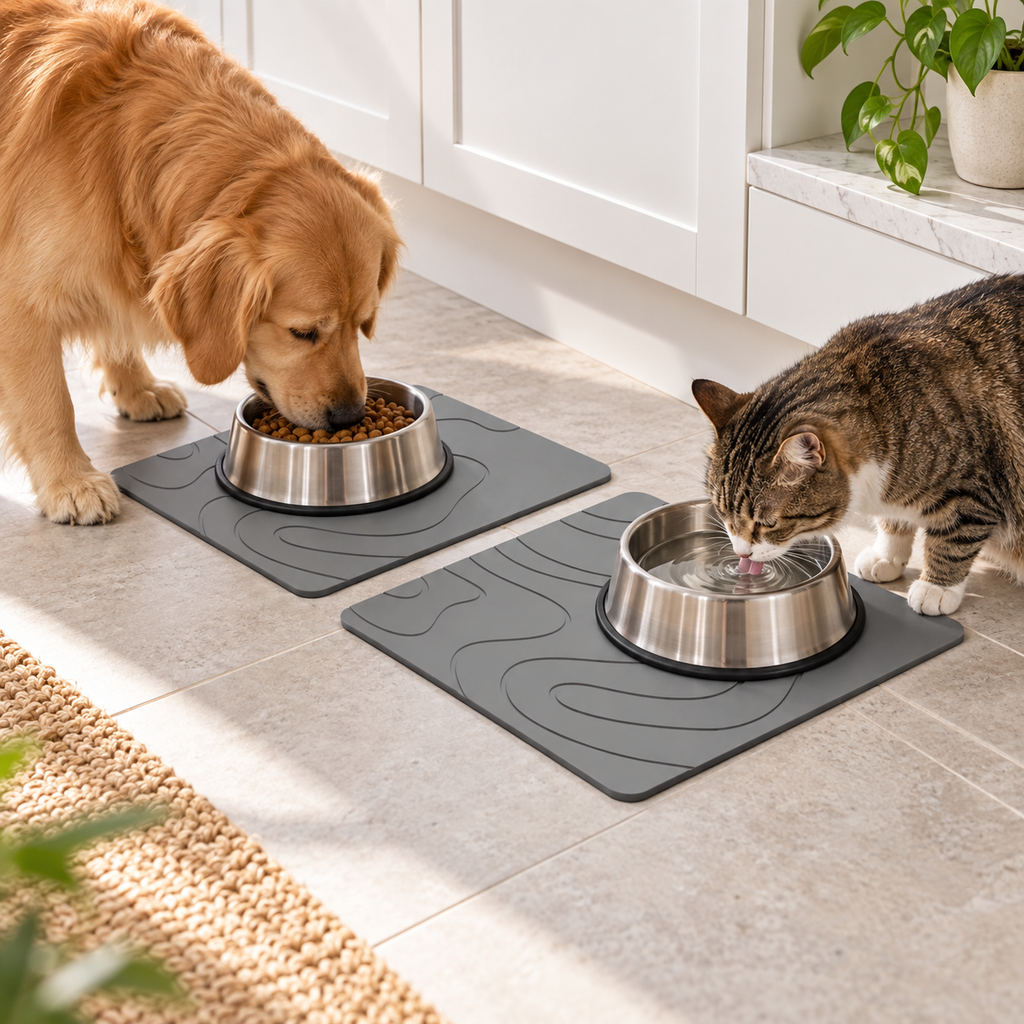 Lot De 2 Tapis Diatomite Pour Animaux – Gris / 30x40cm, Gris / 35x45cm, Gris / 40x60cm dans un coin repas pour animal