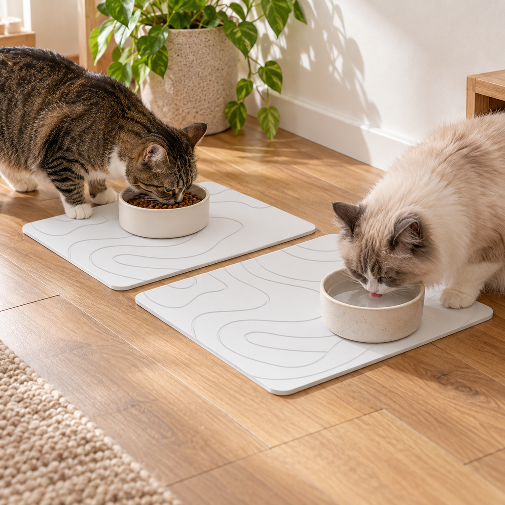 Lot De 2 Tapis Diatomite Pour Animaux – Blanc / 30x40cm, Blanc / 35x45cm, Blanc / 40x60cm dans une cuisine lumineuse