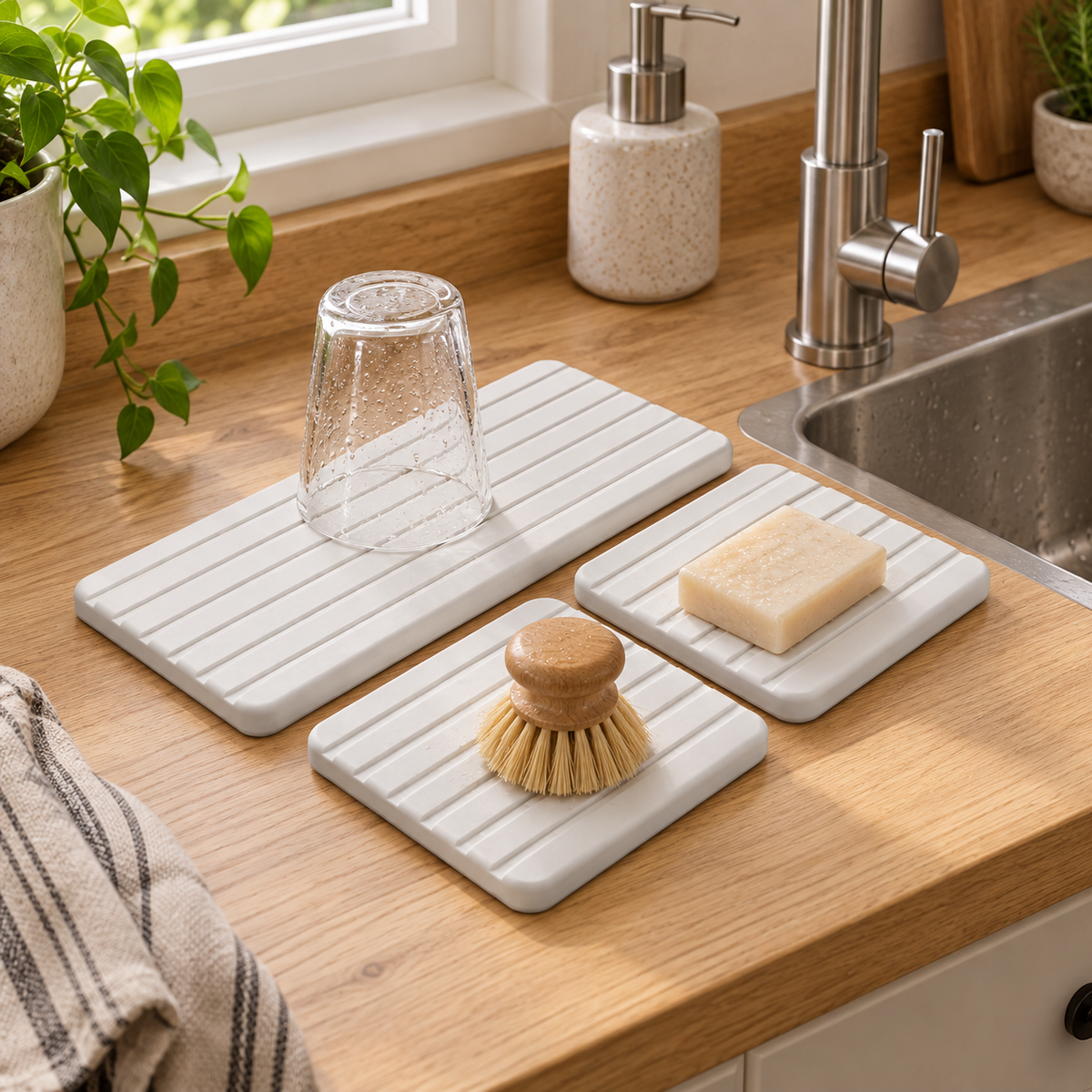 Lot de 3 Plateaux d'Évier en Diatomite – Blanc dans une cuisine aux détails en bois