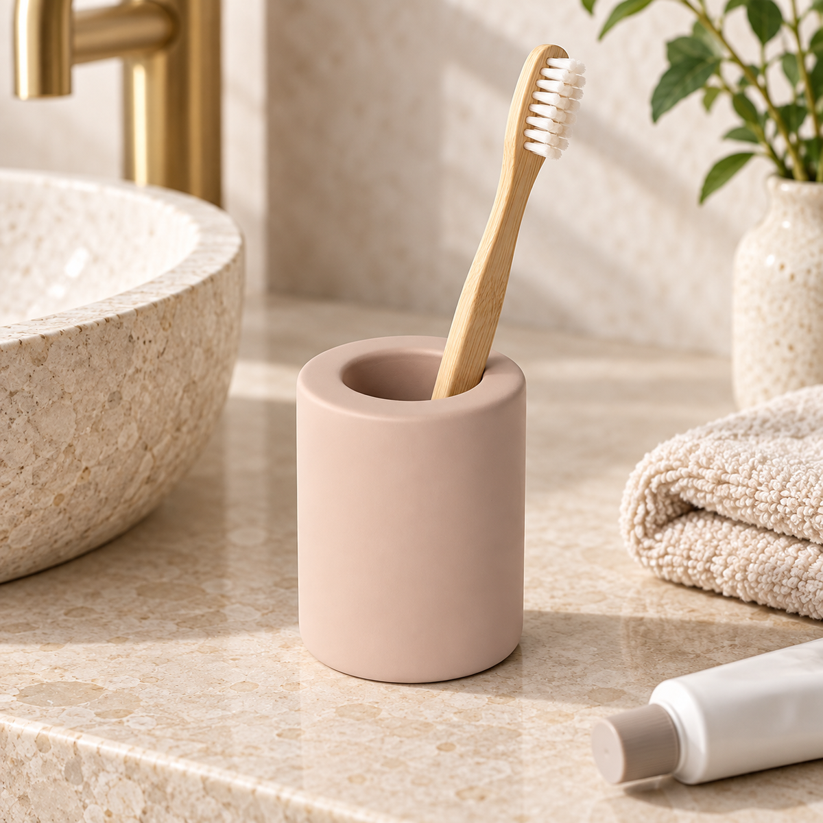 Petit Porte Brosse À Dent En Diatomite – Marron sur une étagère ambiance spa