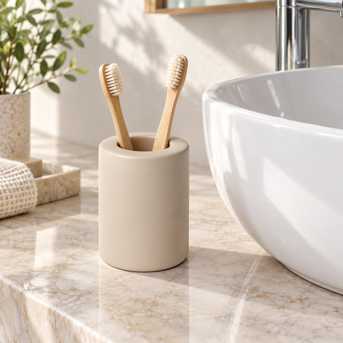 Petit Porte Brosse À Dent En Diatomite – Beige sur un lavabo lumineux
