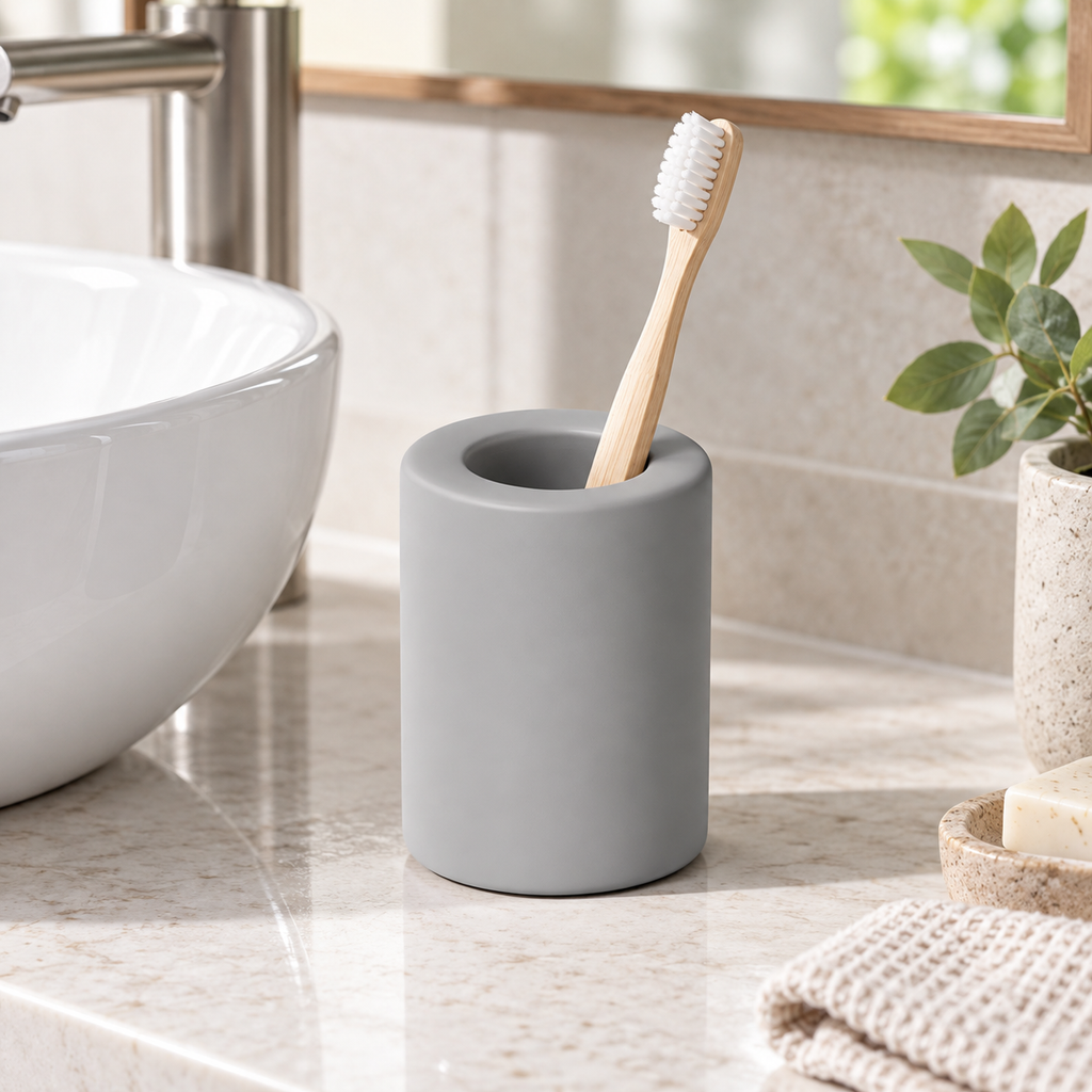 Petit Porte Brosse À Dent En Diatomite – Gris sur un lavabo lumineux