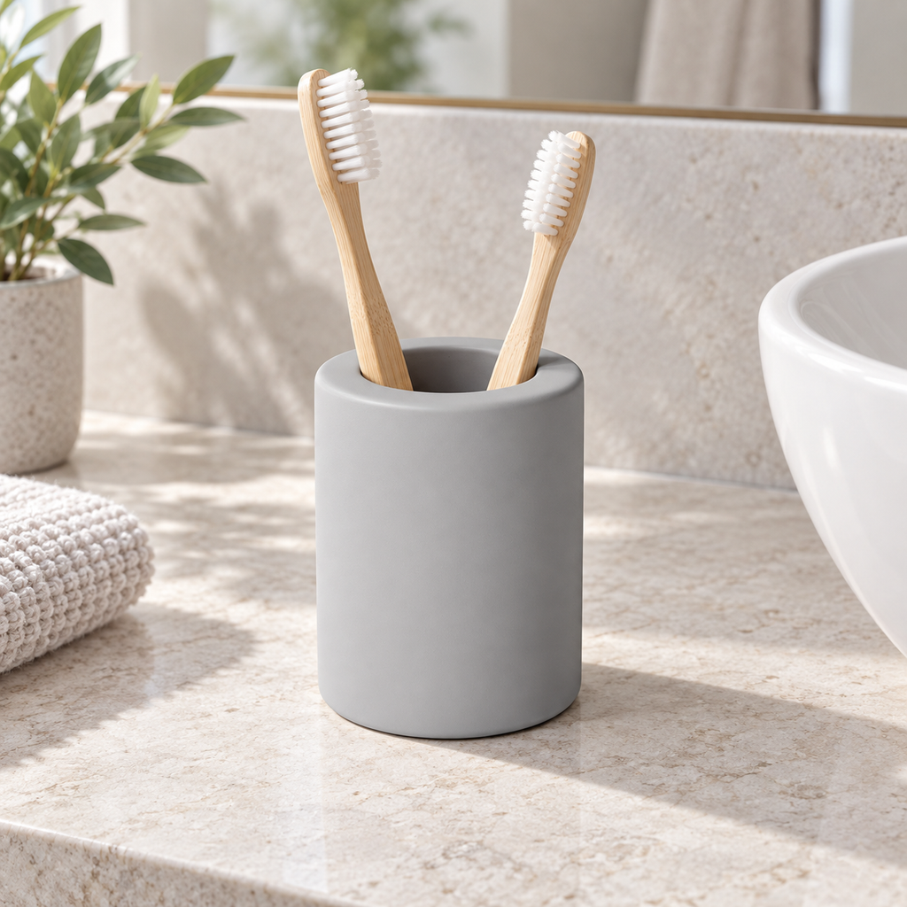 Petit Porte Brosse À Dent En Diatomite – Gris sur un meuble de salle de bain en bois
