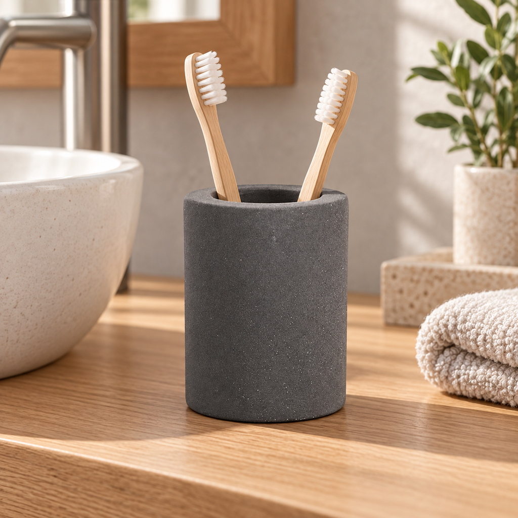 Porte Brosse À Dent En Diatomite Gris – Gris Foncé sur une étagère ambiance spa