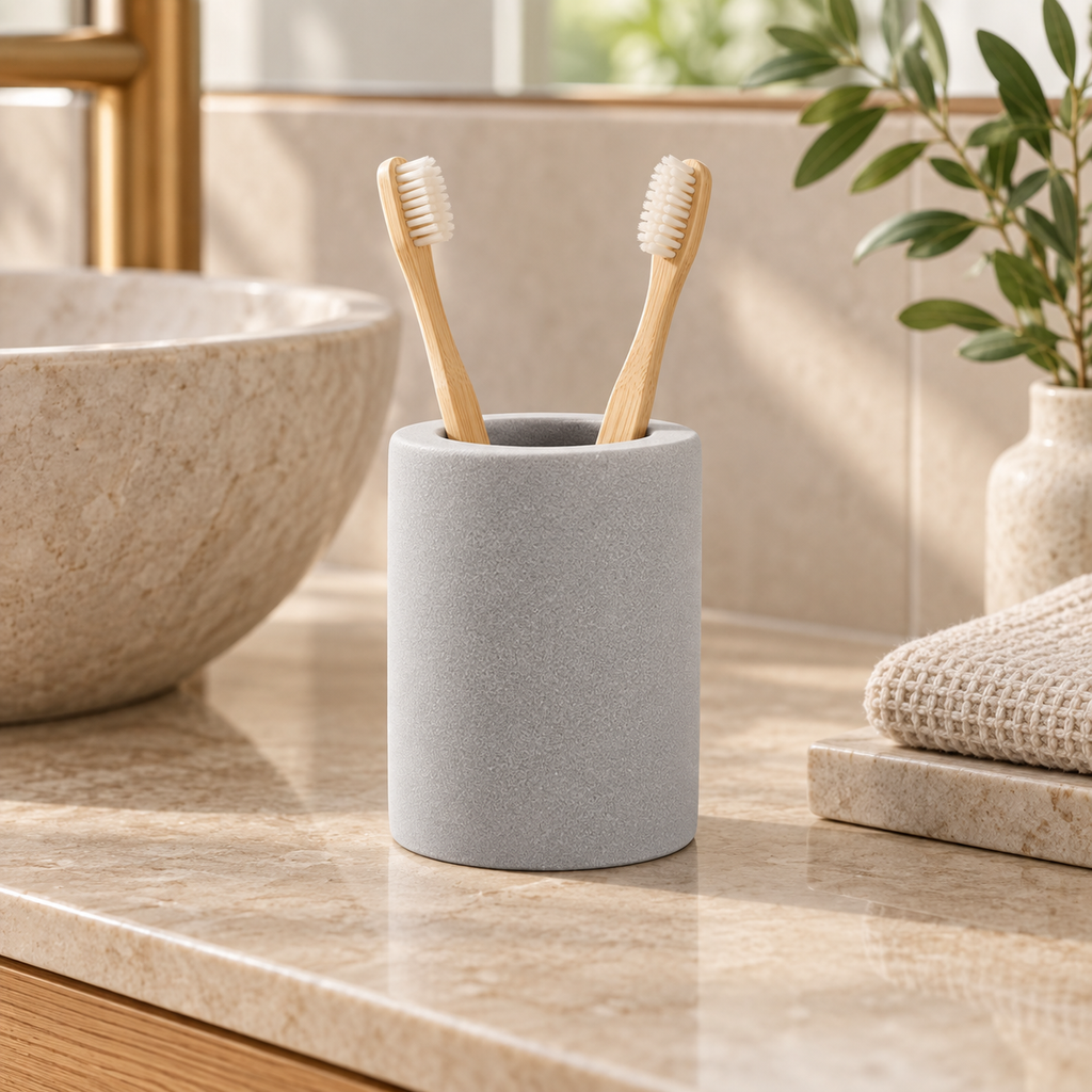 Porte Brosse À Dent En Diatomite Gris – Gris Clair sur un meuble de salle de bain en bois
