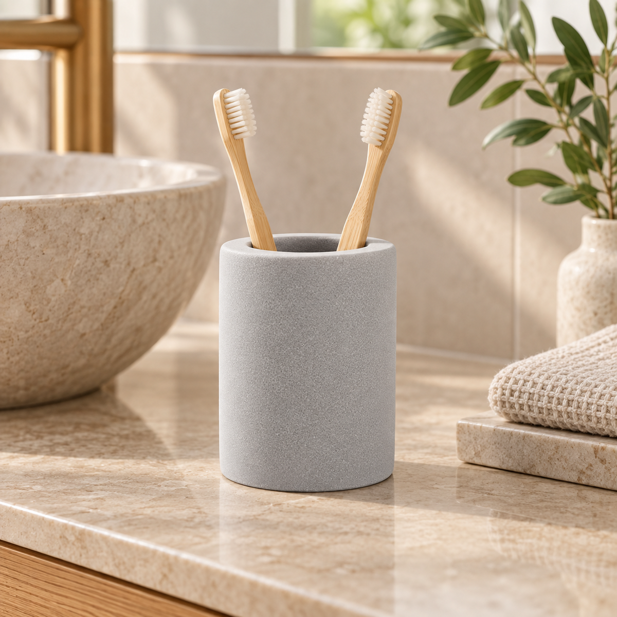 Porte Brosse À Dent En Diatomite Gris – Gris Clair sur un meuble de salle de bain en bois