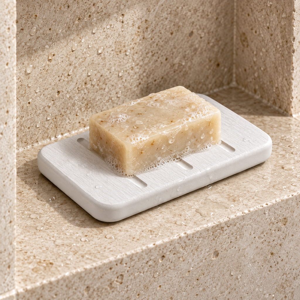 Porte Savon Design – Blanc sur un meuble de salle de bain en bois