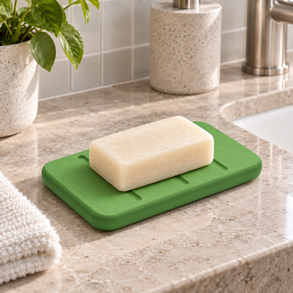 Porte Savon Design – Vert sur une étagère ambiance spa
