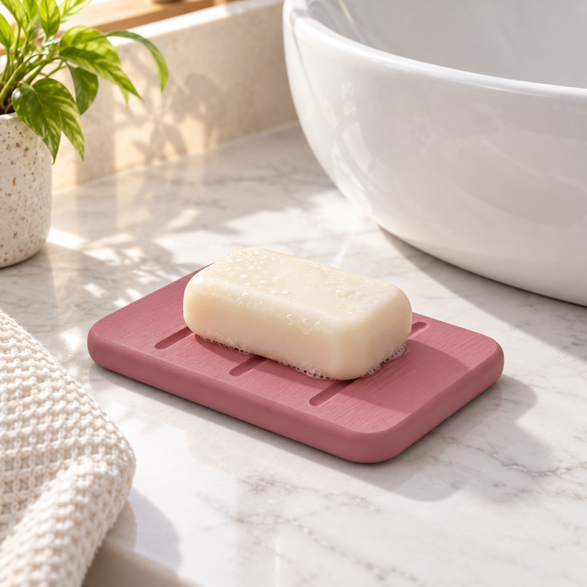 Porte Savon Design – Rose sur un meuble de salle de bain en bois