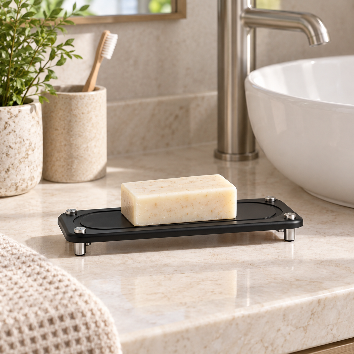 Porte Savon Lavabo – Noir sur un lavabo lumineux