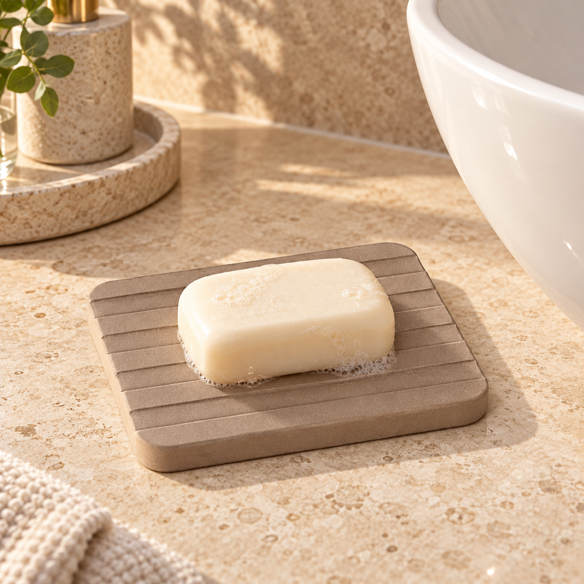Porte Savon Marron – Marron / 9x12cm, Marron / 9x22cm sur un lavabo lumineux
