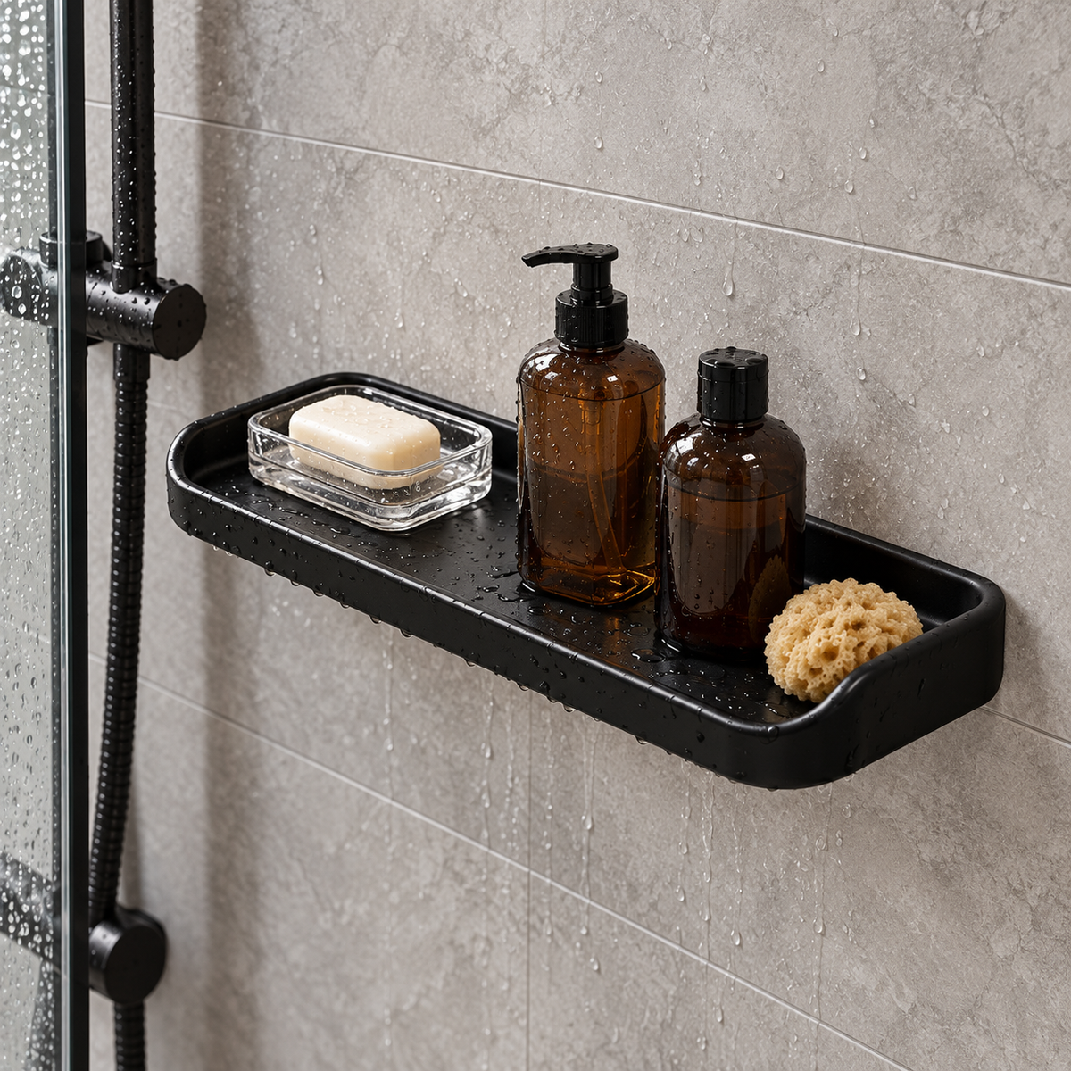 Porte Savon Mural – Noir sur un meuble de salle de bain en bois