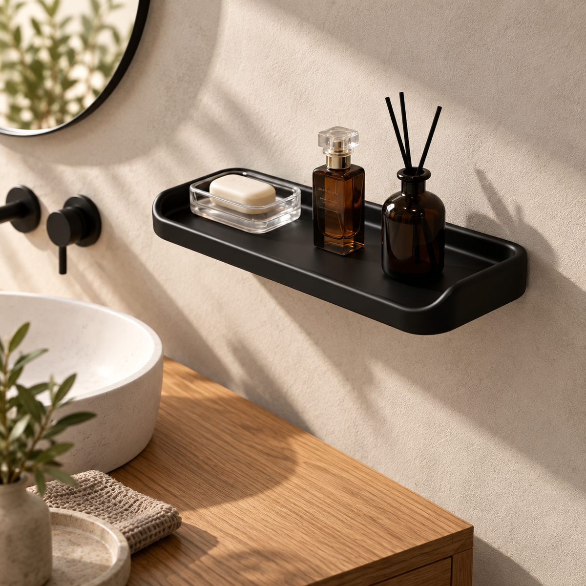 Porte Savon Mural – Noir sur une étagère ambiance spa