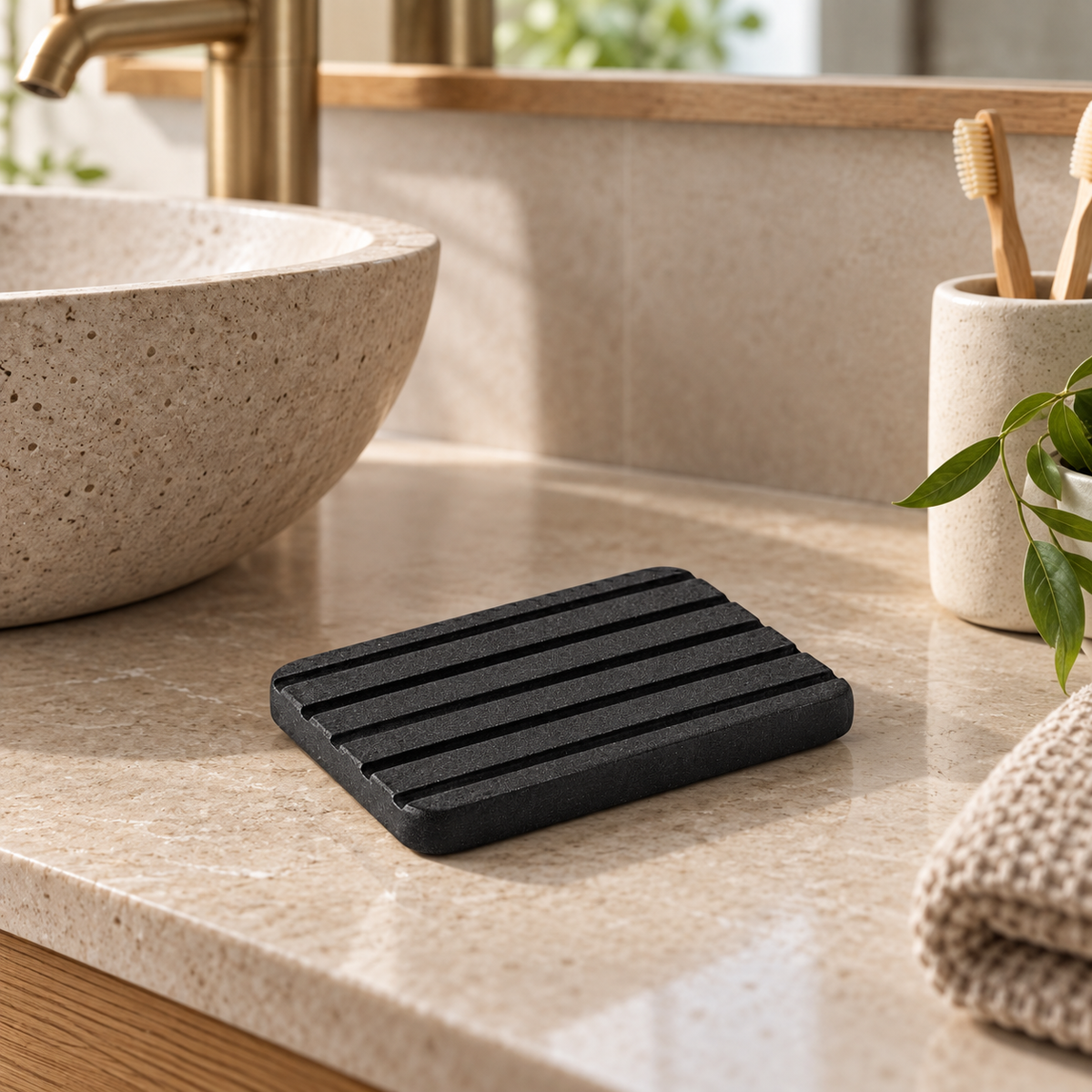Porte Savon Noir sur un meuble de salle de bain en bois