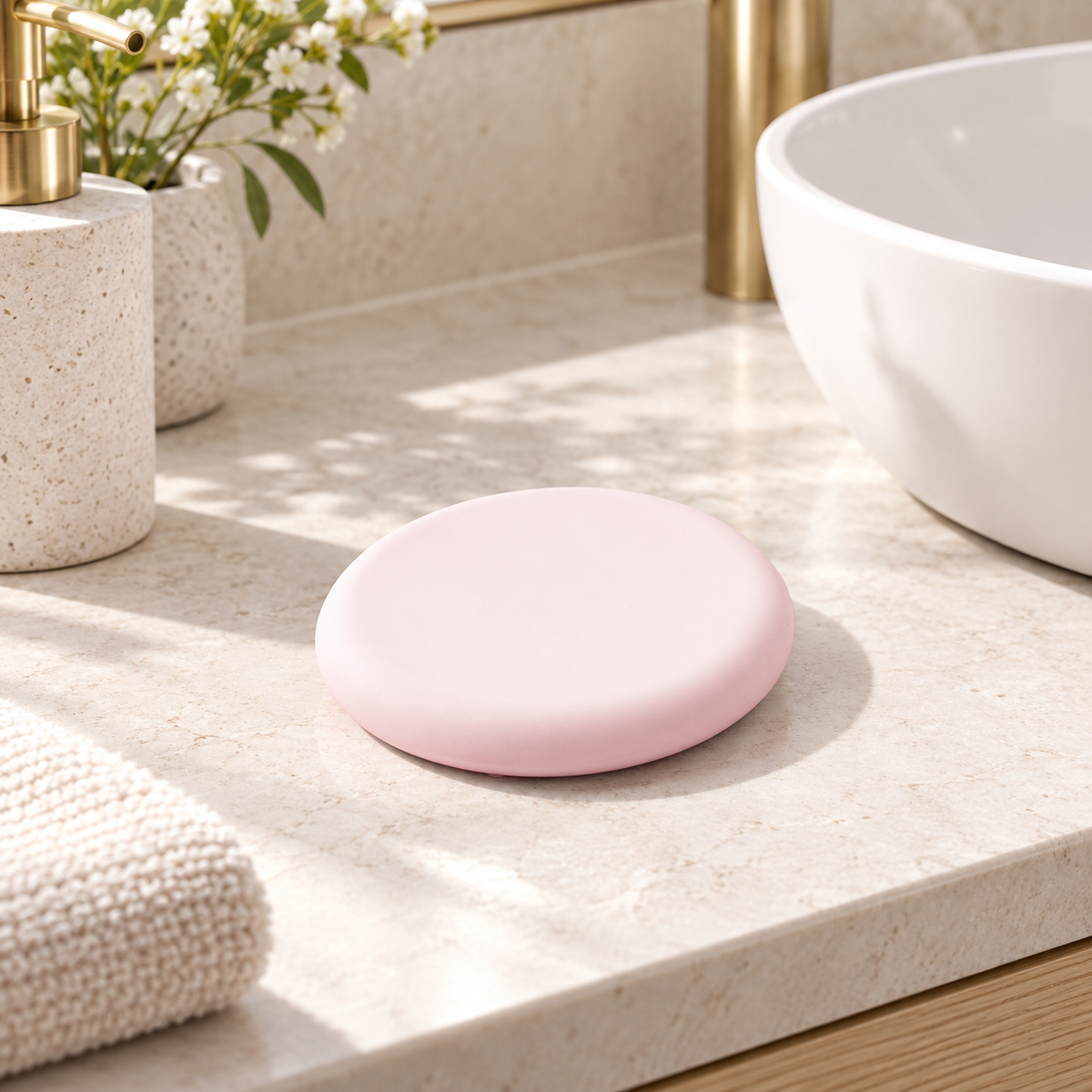 Porte Savon Rose – Rose / 28x23cm, Rose / 8x9cm sur un lavabo lumineux