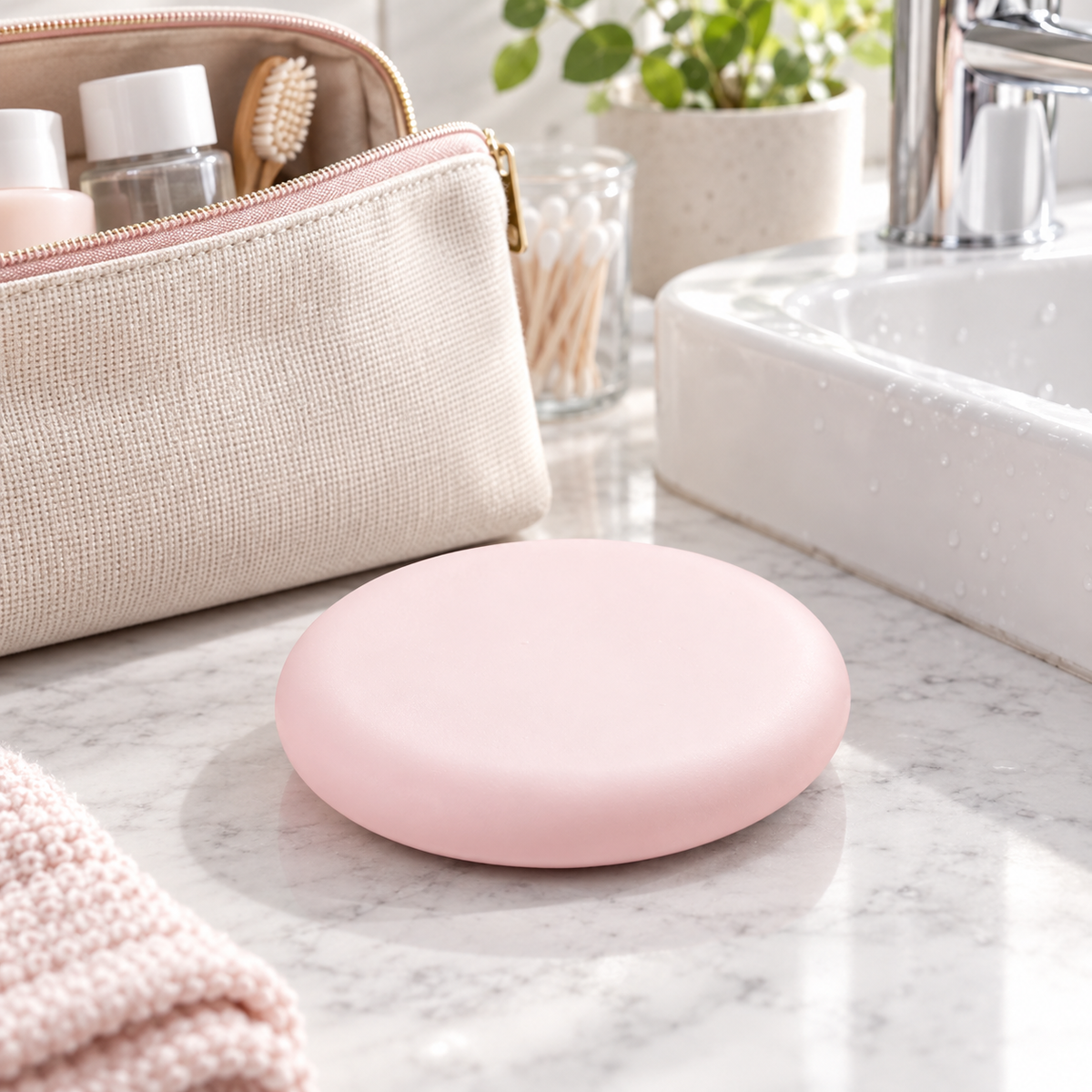 Porte Savon Voyage – Rose sur un meuble de salle de bain en bois
