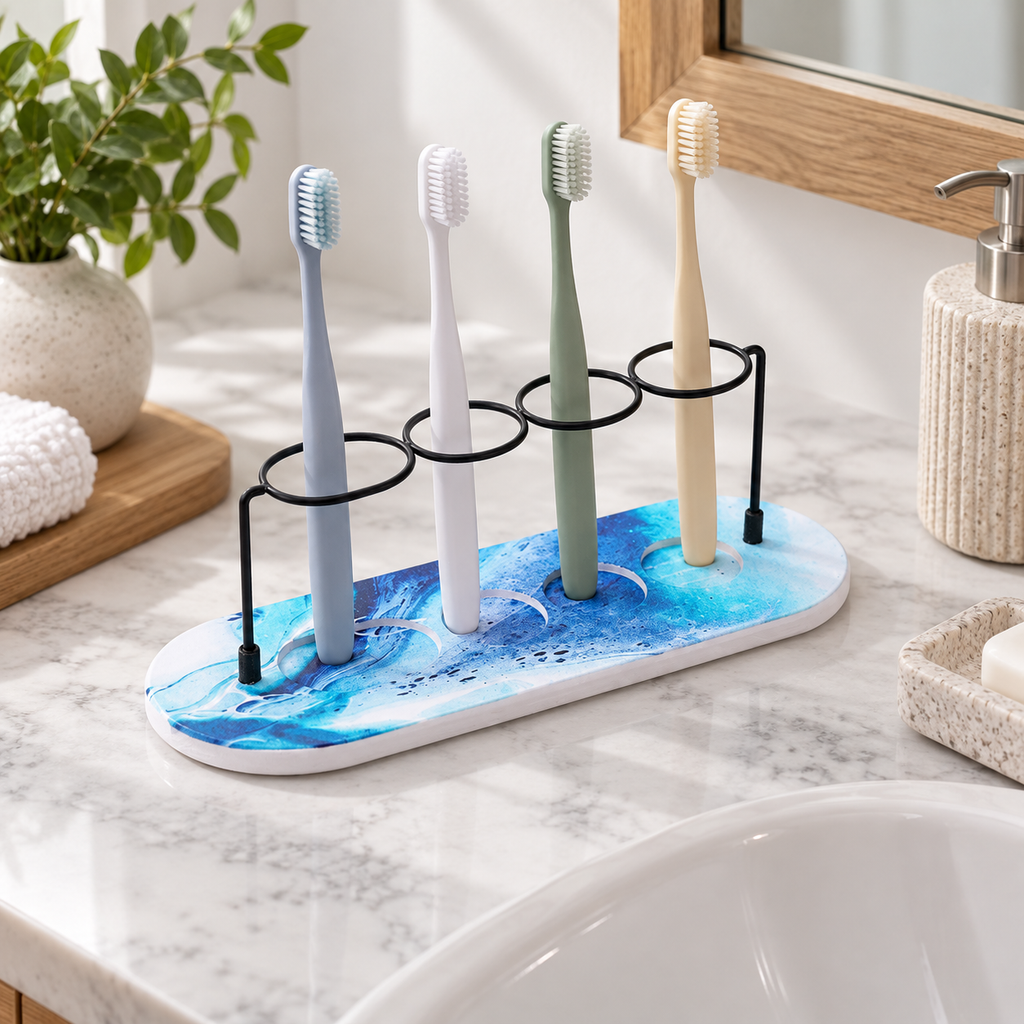 Rangement Brosse À Dents Diatomite – Bleu sur une étagère ambiance spa