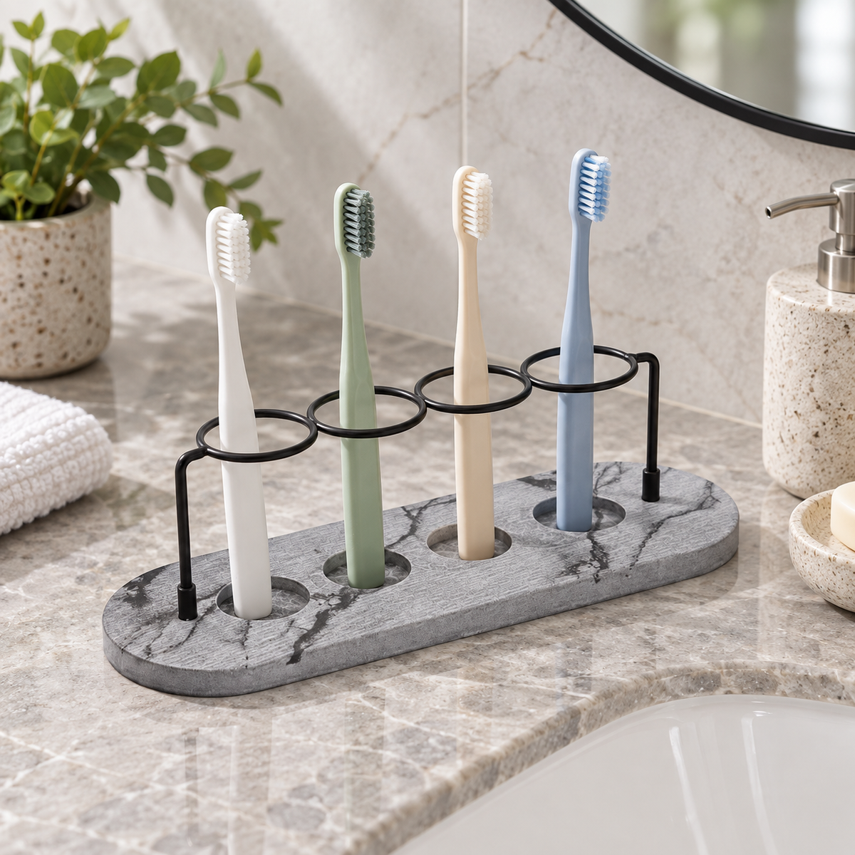 Rangement Brosse À Dents Diatomite – Gris sur un lavabo lumineux