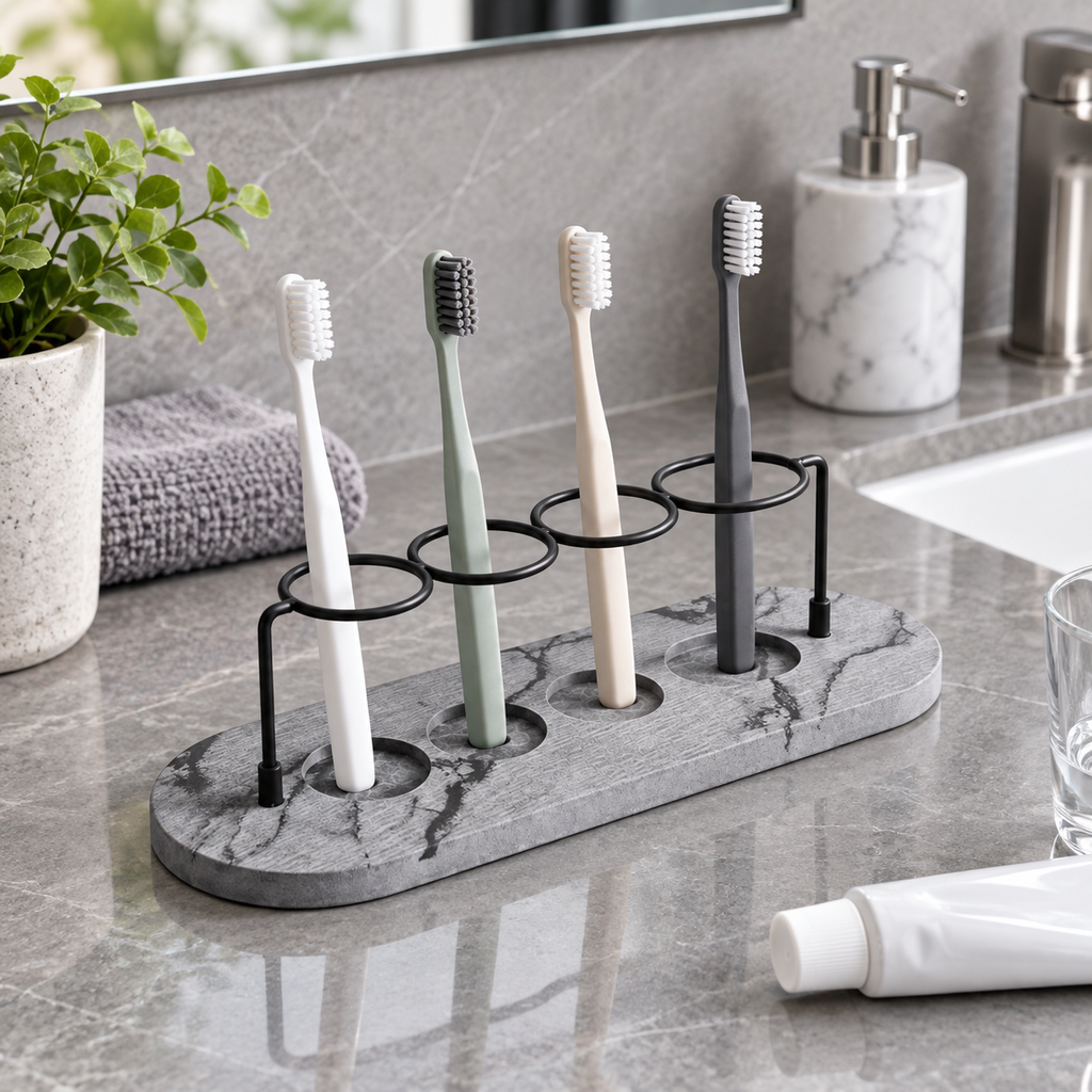 Rangement Brosse À Dents Diatomite – Gris sur une étagère ambiance spa