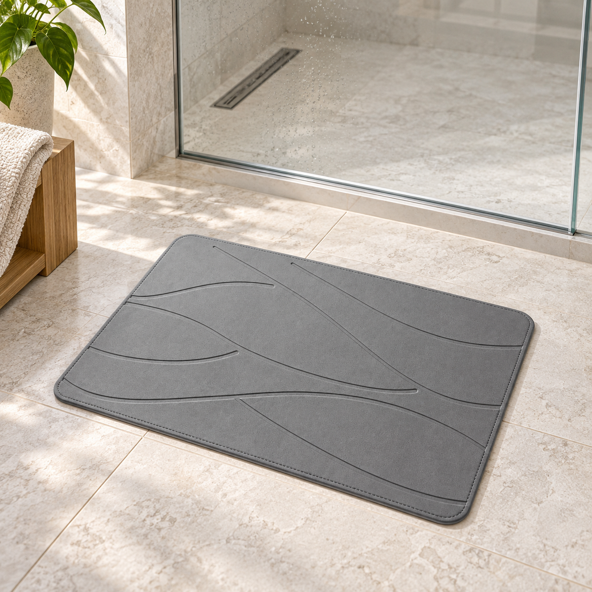 Tapis de Bain en Pierre de Diatomite – Gris / 35x45cm dans une salle de bain lumineuse