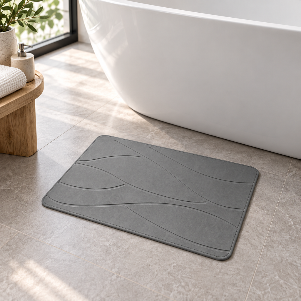 Tapis de Bain en Pierre de Diatomite – Gris / 35x45cm près d’une baignoire