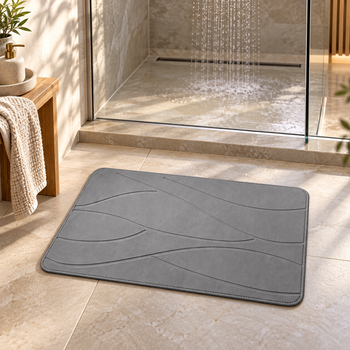 Tapis de Bain en Pierre de Diatomite – Gris / 35x45cm dans une ambiance spa