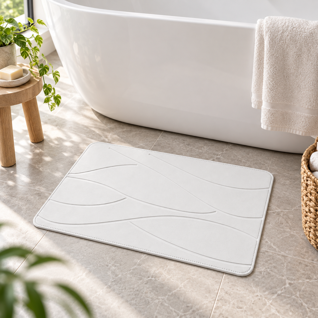 Tapis de Bain en Pierre de Diatomite – Blanc / 35x45cm près d’une baignoire