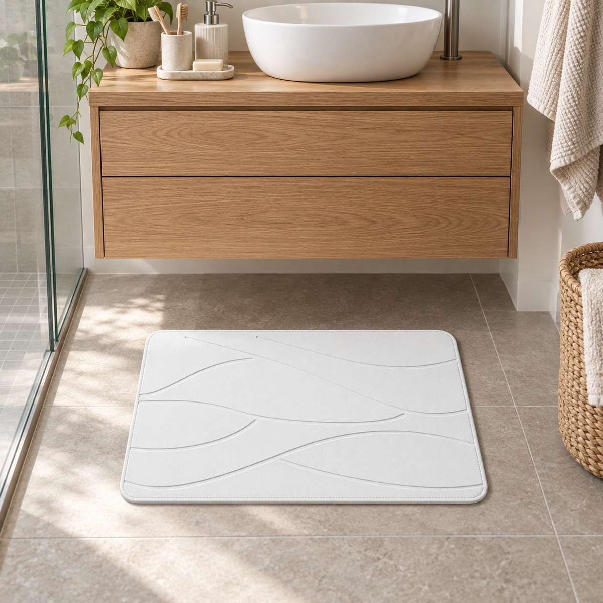 Tapis de Bain en Pierre de Diatomite – Blanc / 35x45cm dans une salle de bain contemporaine