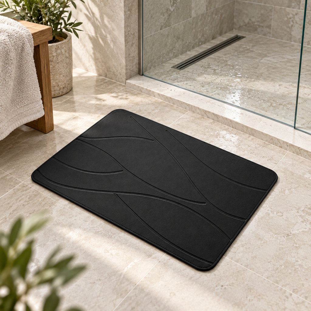 Tapis de Bain en Pierre de Diatomite – Noir / 35x45cm dans une salle de bain lumineuse
