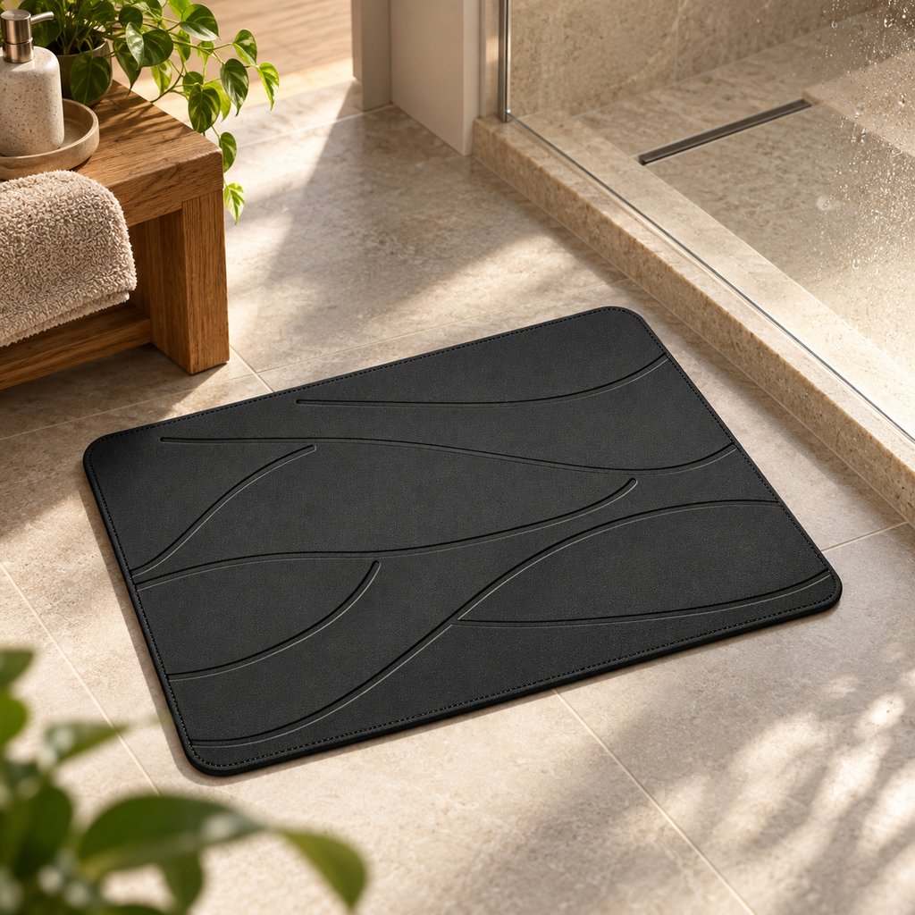 Tapis de Bain en Pierre de Diatomite – Noir / 35x45cm dans une ambiance spa