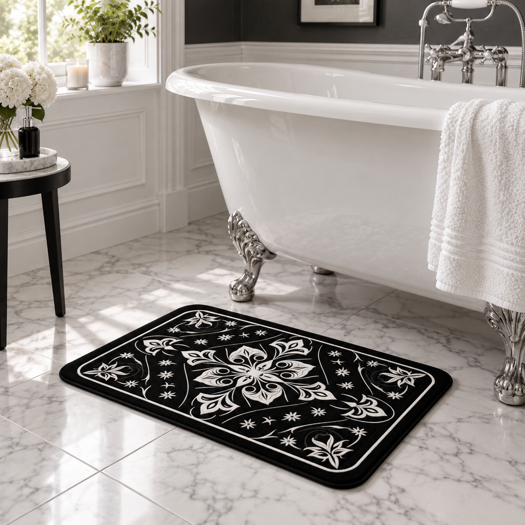 Tapis Salle De Bain Baroque – Fleur Baroque / 40cmx60cm, Fleur Baroque / 50cmx80cm près d’une baignoire